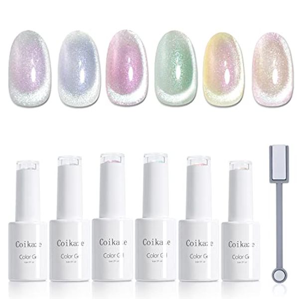 Coikaze Magnetic Nail Gel, Set of 6 Colors, Gel Nails, Color, Cat Eye Gel, Colored Gel Set, Nail Gel, Magnetic, UV/LED Compatible (Aurora Magnet Gel)