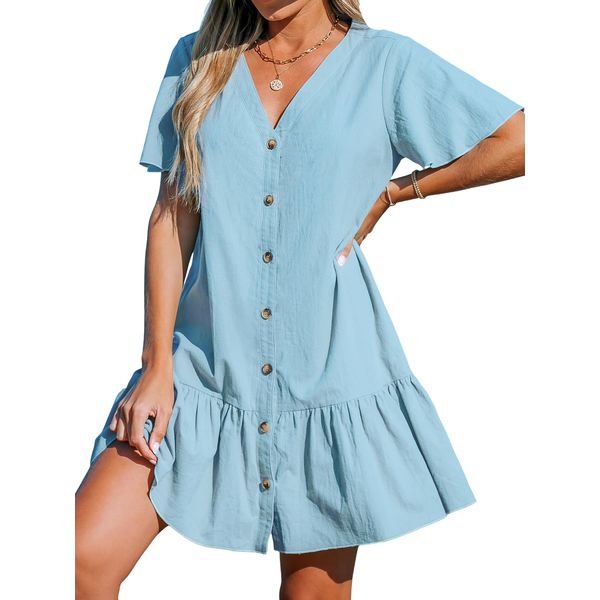 CUPSHE Damen Sommerkleid V Ausschnitt Kurzarm Knopfleiste Rüschen Baumwolle Strandkleid Freizeitkleider Sommer Mini Dress Himmelblau M