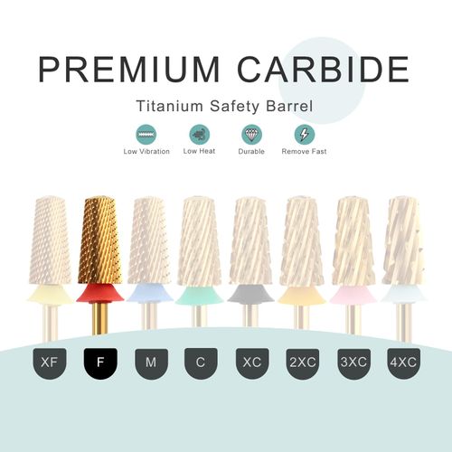 HYTOOS Fine Safety Tapered Nail Drill Bits,Titanium Coating Rounded Top Barrel Carbide Nail Bits, 3/32 Two-way Rotate, Manicure Nails Art Accessories Soft Gel Remover (F, titanium)