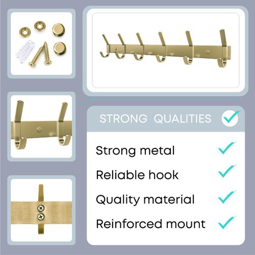 SAYONEYES Brushed Gold Coat Rack Wall Mount with 6 Double Hooks for Hanging – 17 Inch Heavy Duty SUS304 Stainless Steel Rustic Coat Hooks – Hat, Clothes, Purse, Towel Wall Hooks – 2 Pack