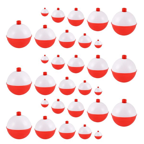 Coopay 15pcs-50pcs/lot Fishing Bobbers Floats Set Hard ABS Snap on Red/White Float Bobbers Push Button Round Buoy Floats Fishing Tackle Accessories Size: 0.5/1/1.25/1.5/2 Inch (0.5+1+1.25+1.5+2=30pcs)