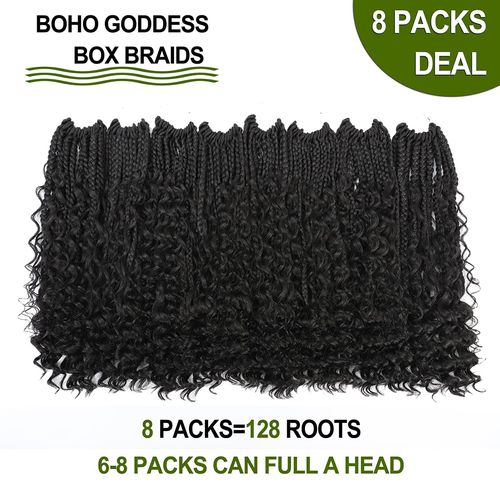 WoWCFyyds 8 Packs Crochet Braids Hair Curly 18 Inch Goddess Box Braids Crochet Hair Bohemian Hippie Braids Extensions with Curly Ends Synthetic Hair Extensions for Braids (1B)