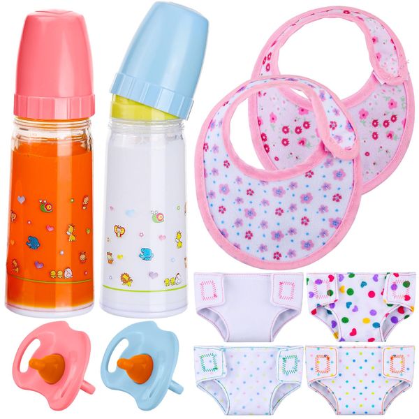 Shappy 10 Pcs Baby Doll Accessories Set Include Disappearing Milk and Juice Bottles, Pacifier, Bibs, Diapers, Baby Doll Feeding Set, Toy Baby Bottles for Dolls for Girls Christmas Birthday Gift