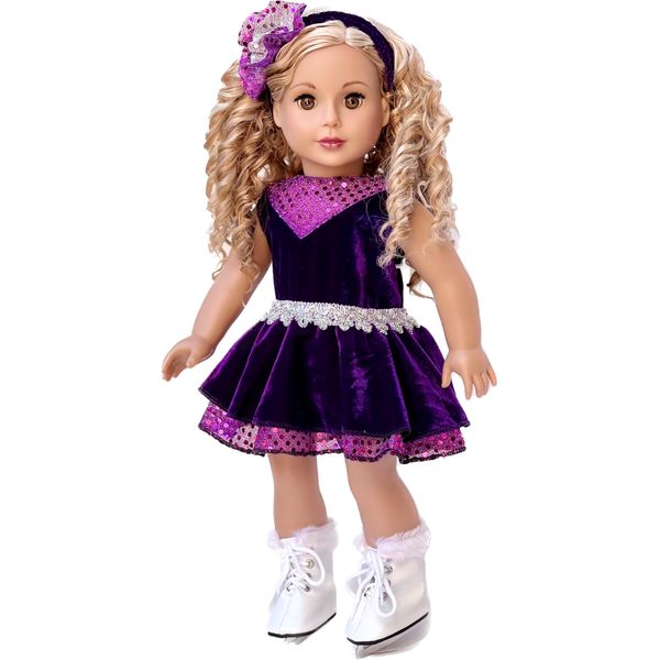 Ice Skating Queen - 3 Piece Ice Skating Outfit for 18 Inch Doll - Purple Leotard with Ruffle Skirt, Decorative Head Band and White Skates - 18 Inch Doll Clothes (Doll Not Included)