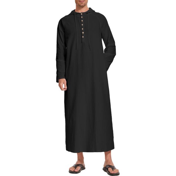 NANAMEEI Muslim Kaftan Herren Langes Nachthemd Leinen Ethnische Robe Lang Kostüm Schwarz 3XL