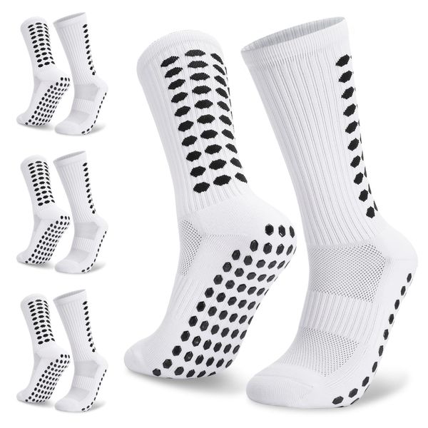 3 Pairs Football Grip Socks for Men Grippy Socks Gain the Edge Grip Football Socks Anti-slip Sports Socks with Rubber Pads, Breathable Soccer Socks for Basketball Hiking Running, White