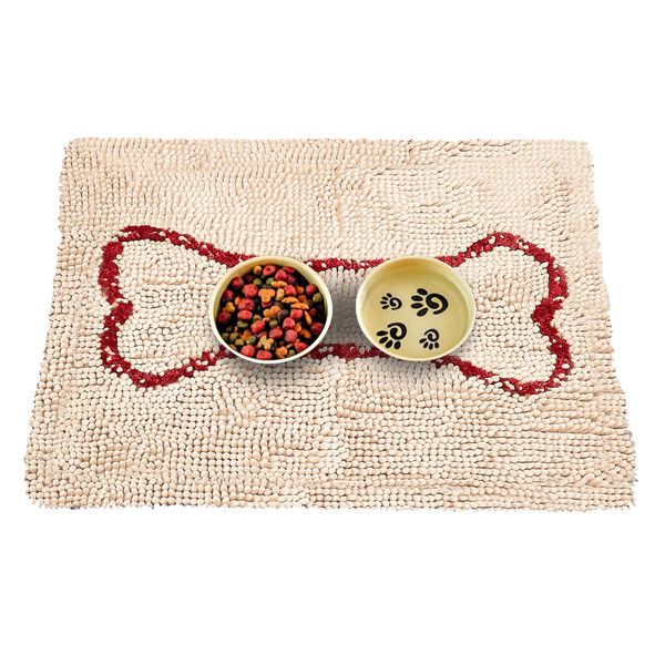 Soggy Doggy Slopmat, Ultra-Absorbent Dog Door Mat for Food and Water, Microfiber Chenille Dog Mat for Muddy Paws and Messy Eaters, Washable Indoor Dog Mats for Sleeping and Eating, Beige/Red Bone