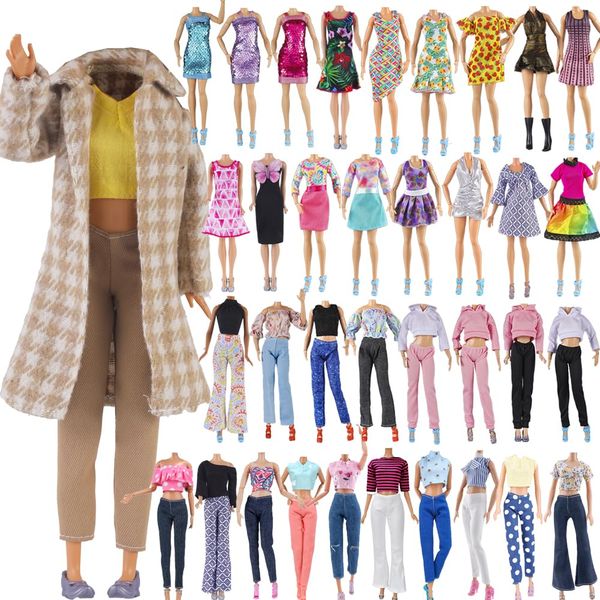 E-TING Lot 15 Items = 5 Sets Fashion Casual Wear Clothes Outfit Dress + 10 Pair Shoes for 11.5-inches Doll Random Style (Houndstooth Trench Coat + Casual Wear Skirt)