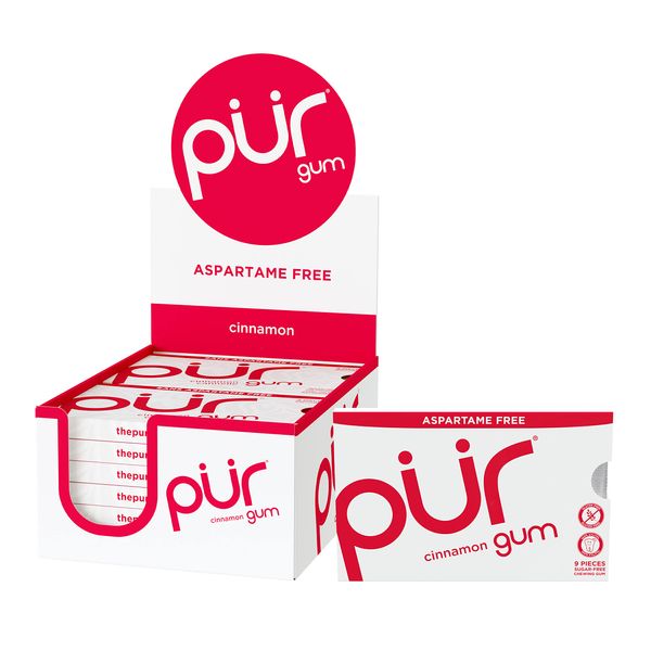 PUR Gum | Aspartame Free Chewing Gum | 100% Xylitol | Sugar Free, Vegan, Gluten Free & Keto Friendly | Natural Cinnamon Flavored Gum, 9 Pieces (Pack of 12)