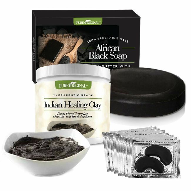 Skin Care Set PureOriginal UNDER EYE MASK INDIAN HEALING CLAY AFRICAN BLACK SOAP