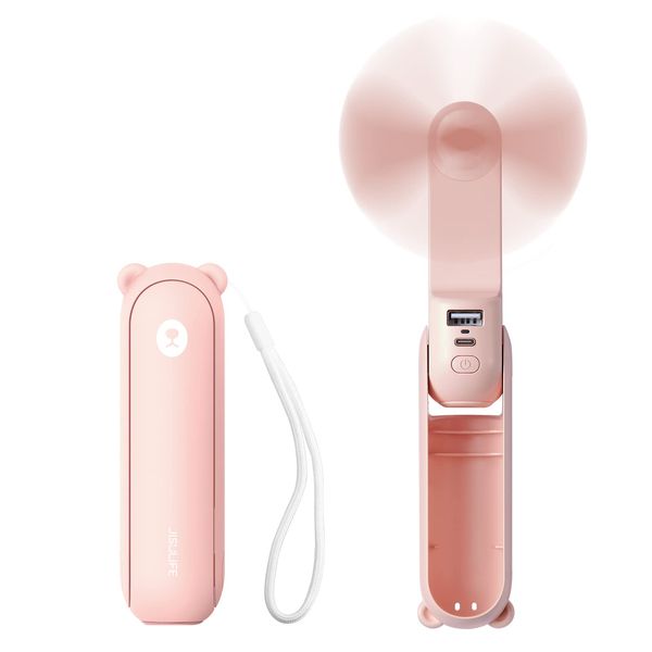 JISULIFE Handheld Mini Fan, 3 IN 1 Hand Fan, USB Rechargeable Small Pocket Fan [12-19 Working Hours] with Power Bank, Flashlight, Portable Fan for Travel/Summer/Concerts/Lash, Gifts for Women(Pink)