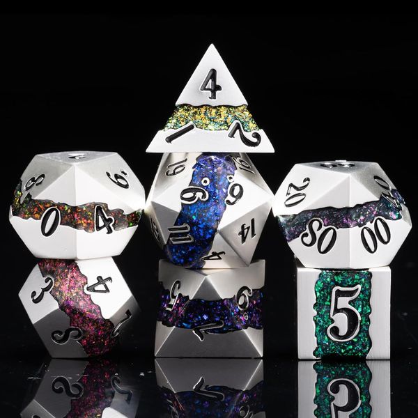Maywin Polyhedral Metal Dice Set,7pcs Set Glitter Stripe DND Dice with Gift Box for RPG