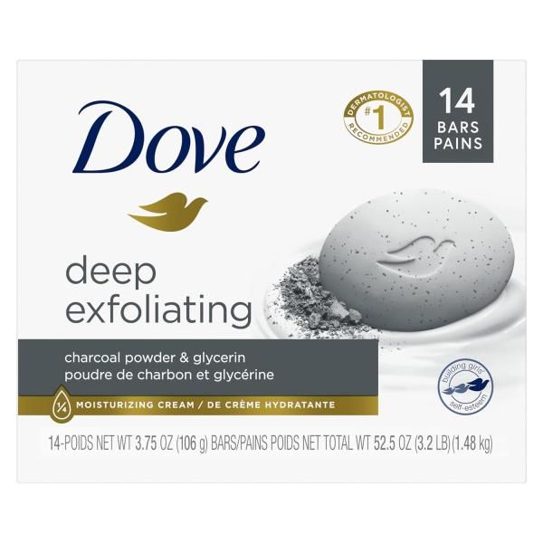 Dove Beauty Bar Soap Deep Exfoliating Charcoal Powder Glycerine 14 Count Removes Impurities 3.75 oz 116636