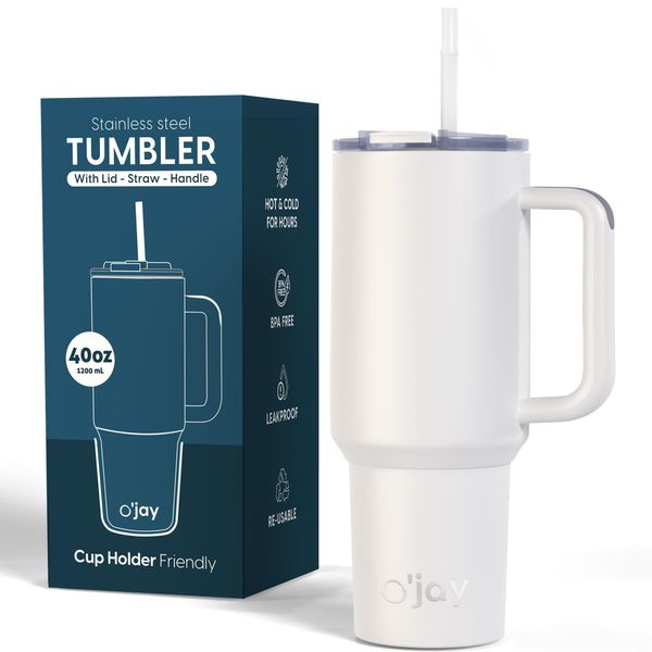 O'JAY Insulated 40oz Tumbler with Handle and Straw Lid - 100% Leak-Proof - Cupholder Friendly Travel Mug - Stainless Steel Insulated Tumbler with lid and straw - Gifts for Women Men Him Her.