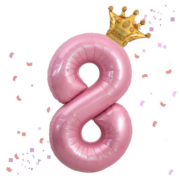 40 Inch Pink Number 8 & Mini Crown Balloon for Birthday Party Decorations, 8th Birthday Party Decorations Pink Theme Party Balloons Decorations Supplies