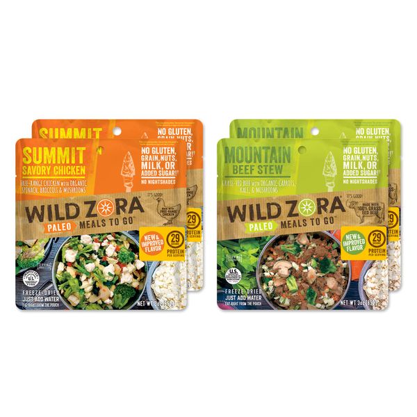 Wild Zora Paleo Freeze Dried Meals for Backpacking & Camping - Healthy Gluten Free & Grain Free Camping Meals/Backpacking Food + No Added Sugar - Great for Travel (AIP 4-pack)