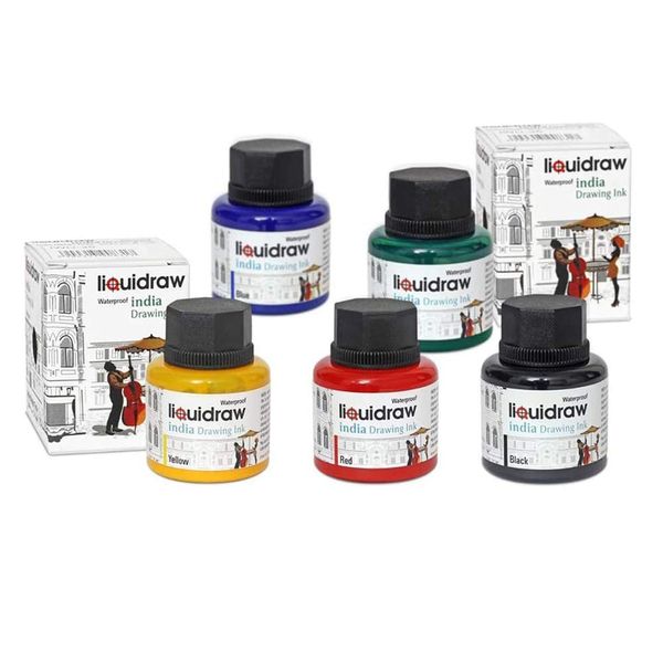 Liquidraw Coloured Drawing Ink Set India Ink, Waterproof, Set of 5 Assorted Colours, 35ml