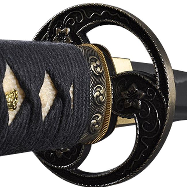 Handmade Sword - Japanese Samurai Katana Swords, Practical, Hand Forged, 1045 Carbon Steel, Heat Tempered, Full Tang, Sharp, Cherry Blossom Tomoe Crest Tsuba, Black Wooden Scabbard