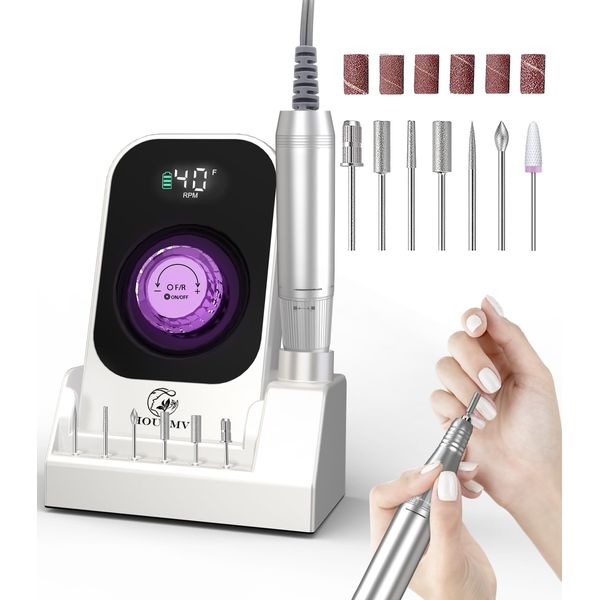 Portable Nail Drill Electric File: 40000RPM Professional Rechargeable Nail E File Machine, Cordless Nail Drill with Bits & Base for Acrylic Nails Remove Nail Gel Polish Manicure for Salon Home, White