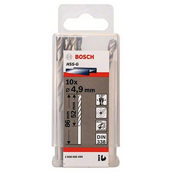 Bosch Professional 10x Metal drill bits HSS-G DIN 338 (for metal, Ø 4.9 x 52 x 86 mm, Accessory Drill Driver)