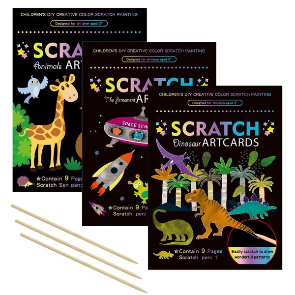 OPUHOHR 3 Set Magic Scratch Paper Art, Colorful Magic Drawing Art Book with 3 Scratch Pen for Birthday Halloween Christmas Party Games Projects Kits （Dinosaurs/Spaceman/Giraffe）