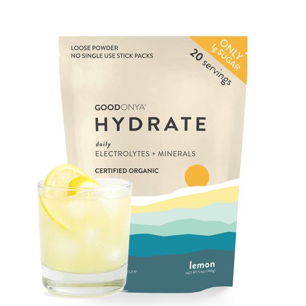 GOODONYA Hydrate Organic Electrolyte Powder, 5.6oz, 20 Servings - Minerals, Real Lemon Juice, Himalayan Pink Salt, Stevia, Coconut Water, Paleo, Plant Based, No Sugar Added