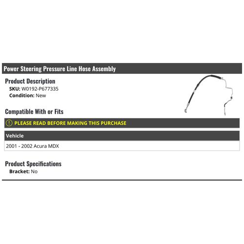 Marketplace Auto Parts Power Steering Pressure Line Hose Assembly - Compatible with 2001-2002 Acura MDX