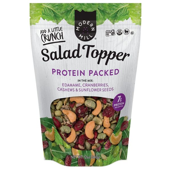 Modern Mill Protein Packed Salad Topper By Gourmet Nut - Mixed Nuts (Roasted Cashews), Dried Cranberries & Edamame & Sunflower Seeds - Gluten Free, Low Sodium, Kosher, Plant Protein Snack, 12oz. Bag