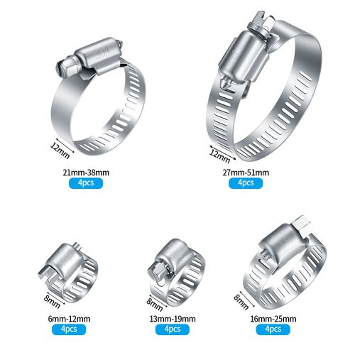 20 Pcs Hose Clips Set, Adjustable 6-51mm Range Hose Clamps 304 Stainless Steel, Hose Screws Pipe Clamps Clips Assortment for Hose Pipe Tube, 6-12/13-19/16-25/21-38/27-51mm
