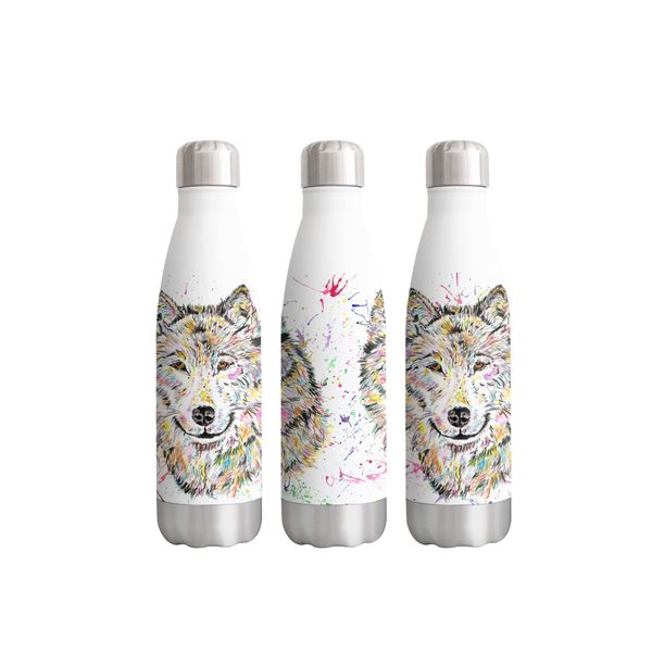 Vixar Wolf Wildlife Animals Watercolour Rainbow Art Bottle Double Wall Insulated Stainless Steel Sport Drinks 500ml White Gift Ideal for School Work Office Oudoor Sports Keeps Hot and Cold Drinks