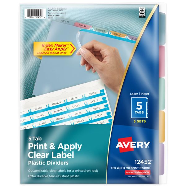 Avery 5 Tab Plastic Dividers for 3 Ring Binder, Easy Print & Apply Clear Label Strip, Index Maker Customizable Multicolor Tabs, 5 Sets (11452)