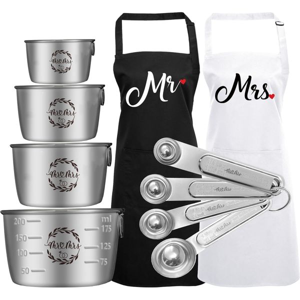Engagement Gifts for Couples, Anniversary Wedding Gifts, Bridal Shower, Bride To Be, Valentine's Day Gifts for Her Him, Mr and Mrs Gifts, Measuring Cups and Spoons Set Mr Mrs Apron