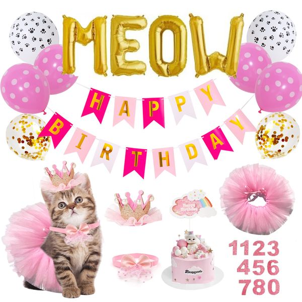 Cat Birthday Party Supplies Include Cat Kitten Birthday Hat , Cat Birthday Cake Topper, Bow Tie, Cat Tutu Skirt, Birthday Banner, Meow Letter Balloons for Cat Girls Birthday Decorations(pink)