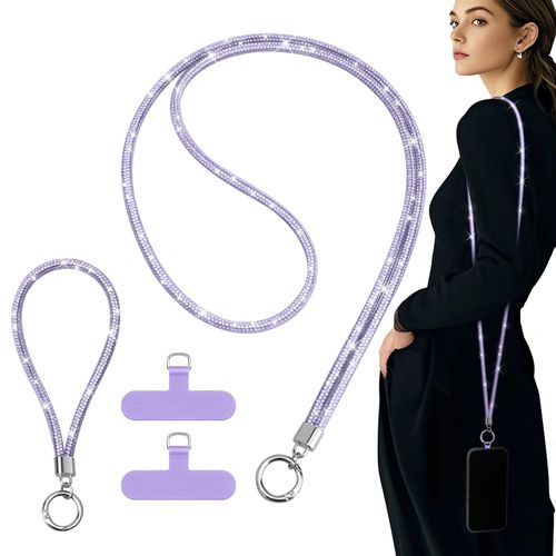 TiMOVO Universal Phone Lanyard Crossbody, Rhinestone Cell Phone Chain Anti-Theft with 1× Shiny Phone Strap, 1× Wrist Strap, 2× Pads for Most Smartphones, Phone Neck Holder for Women, Purple
