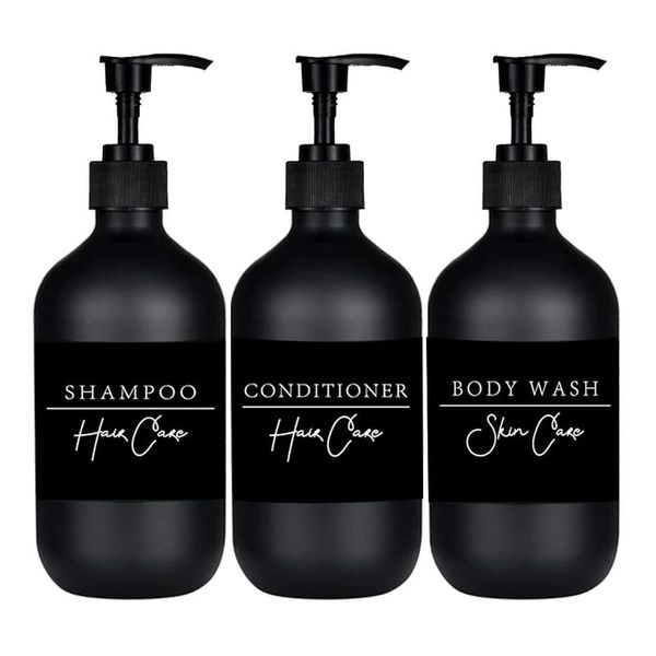 OMANA Shampoo and Conditioner Dispenser, Refillable Black Shampoo and Conditioner Bottles, Shampoo Bottle with Pump, Shower Gel, Body Wash, Lotion Bottles 500ml, Bathroom Bottles with Labels- 3 Pack