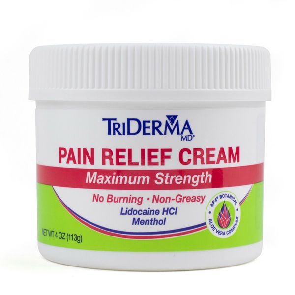 TriDerma MD Topical Pain Relief, Lidocaine/Menthol Cream 4 Ounce Jar