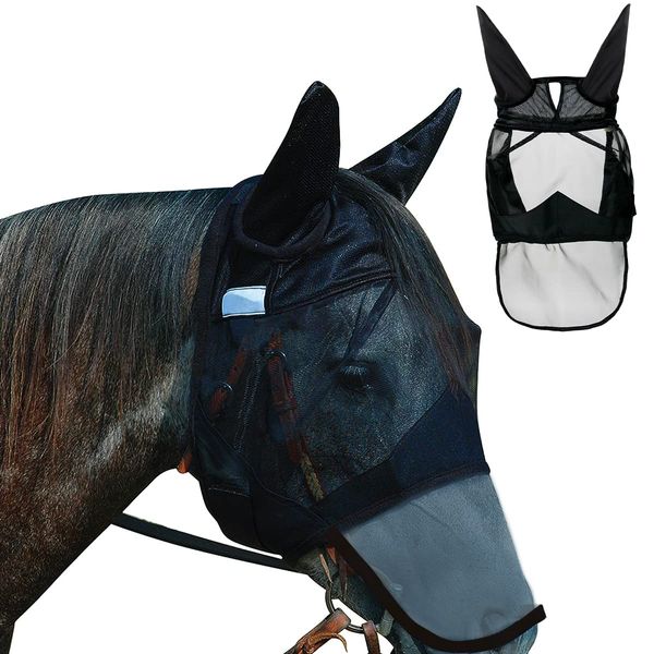 Fliegenmaske Pferd Hillylolly Fliegenmaske Fly Professional, Fliegenmaske Pferd UV Schutz, Caremaster Fliegenmaske, Horse Fly Mask mit Ohren und Nasenteil, Fliegenhaube Pferde Full