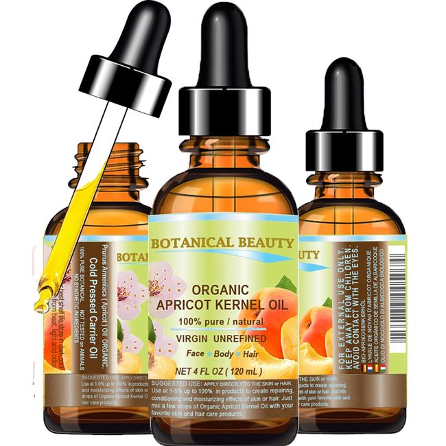 Botanical Beauty ORGANIC APRICOT KERNEL OIL Australian. 100% Pure Virgin Unrefined Cold Pressed Carrier Oil 4 oz- 120 ml. For Face, Hair, Body, Nails, Skin, Anti - aging