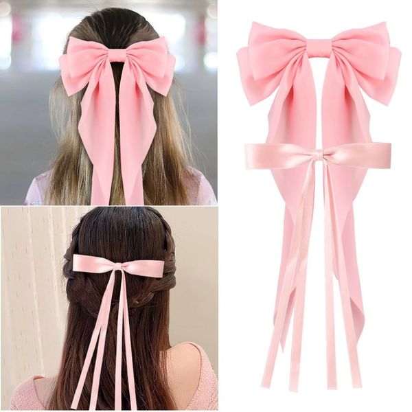 FASOTY Hair Bows for Women Girls, 2 PCS Silky Satin Bow Hair Clips Ribbon Hair Bow Clips Bowknot with Long Tail Pink Hair Bow Cute Hair Accessories, 2 Sizes