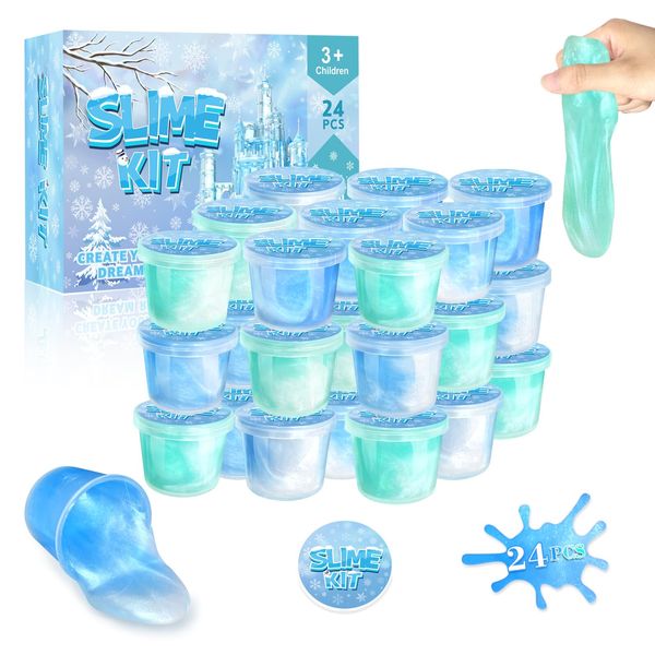 24 Pack Frozen Slime Party Favors for Kids Ice Slime Cup Snowflake Putty Toy Christmas Easter Birthday Goodie Bag Stuffer Classroom Reward for Girls Boys Stretchy Non-Sticky Stress Relief