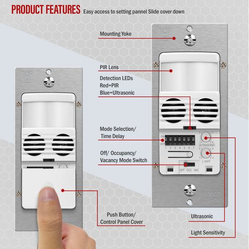 Enerlites MWOS-W Motion Sensor Switch, Ultrasonic and PIR Dual Technology, Occupancy Sensor, Motion Sensor Light Switch, NEUTRAL WIRE REQUIRED, Wall Plate Included, White