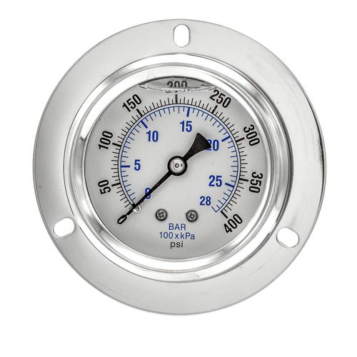 PIC Gauges PRO-204L-254I Panel Mount Front Flanged Glycerin Filled Industrial Pressure Gauge w/ SS Case, Brass Internals, Plastic Lens, 2.5" Dial, 0/400 psi Range, 1/4" Male NPT
