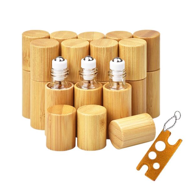 12Pcs 5ml Bamboo Roll on Bottles for Essential Oils, Portable Massage Oil Bottle Clear Inner with Stainless Steel Roller Ball, Eco-Friendly Travel Perfumes Sample Lip Gloss Container (1 Opener)…