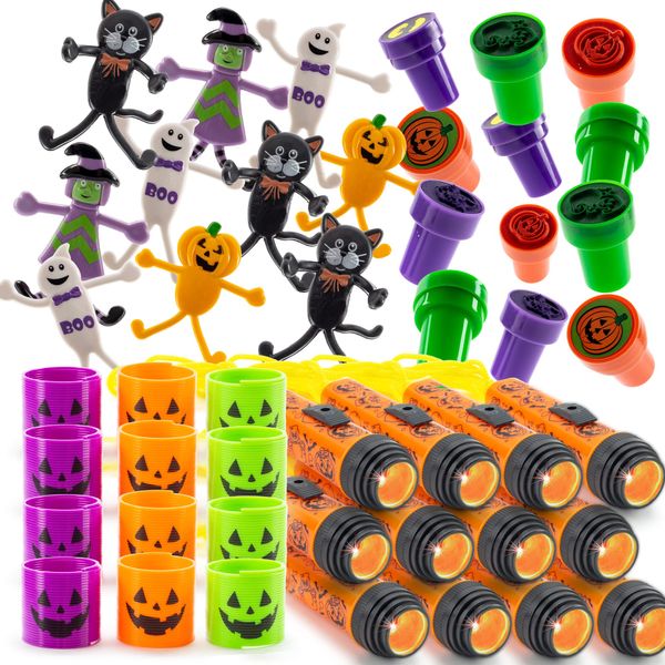 FAVONIR™ Halloween Party Favor Supplies Stuffers 48 PCs Goody Bag Assortment, Flash Lights Self-Ink Stampers, Bendable Characters, Magic Springs. Kids Trick Treat Toys. Reward Prizes, carnival Events