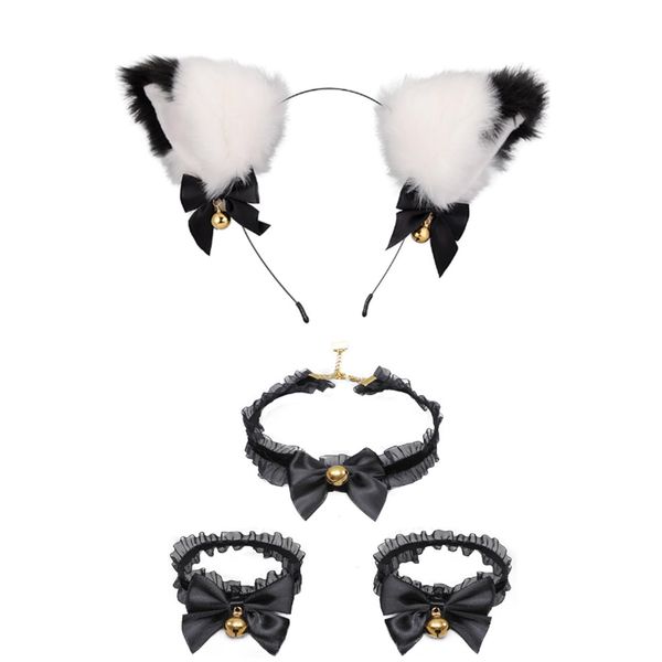 Katze Ohren Haarband,Festliche Dress Up Tier Ohren 4 Stück weiß schwarz Bogen Haarband Reifen mit Glocken,Spitze Armband und Halskette,Katze Cosplay Mardi Gras Prom Geburtstag Party Dress Up