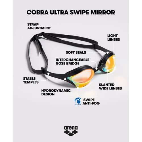 arena Cobra Ultra Swipe Mirror Unisex Race Swimming Goggles for Adults, Diving Goggles with Curved Mirror Lenses, Anti-Fog, UV Protection, 5 Interchangeable Nose Bridges