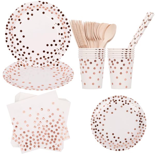 Trimming Shop 80pcs Disposable Party Tableware Set Rose Gold Polka Dot Disposal Dinnerware Set Party Plates Napkins Cups Straws Forks Spoons for Baby Shower Birthday Party Confetti Rose Gold Dot White