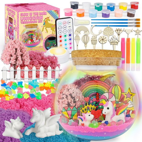 Unicorn Terrarium Kit for Kids - Arts & Crafts Activities Kit with Glow in The Dark Painting - DIY Unicorn Toys Birthday Gifts for Girls Age 5, 6, 7, 8, 9, 10, 11 & 12 Year Old