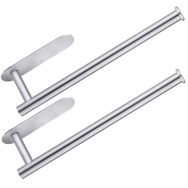 CUXIXA Paper Towel Holder Under Cabinet 2 Pack,Stainless Steel Paper Towel Holder Wall Mount for Kitchen, Bathroom, RV, Paper Towel Rack with Self Adhesive and Screws (Silver)