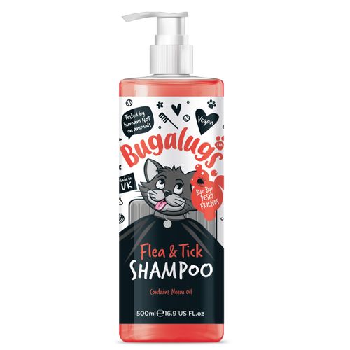 Flea and Tick Cat Shampoo by Bugalugs 500ml, Deep Cleansing Shampoo for Cats for Fleas, Ticks & Mites contains Neem Oil, PH Balanced Vegan, Pet Shampoo (500ml Flea Shampoo)